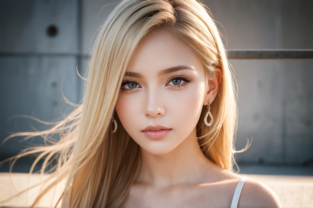 Close-up portrait, Sexy SS Blonde, parted lips, lips, Casual Dresses, View your viewers, Concrete wall background, Sunset Light, Realistic