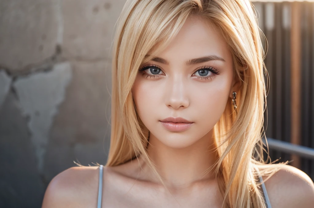 Close-up portrait, Sexy SS Blonde, parted lips, lips, Casual Dresses, View your viewers, Concrete wall background, Sunset Light, Realistic