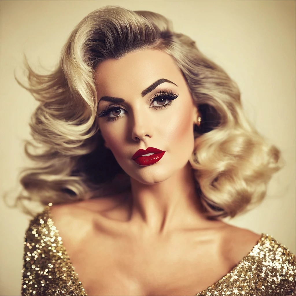 hairy bearded lady brune beard, blonde hair, hairy chest, style pin up