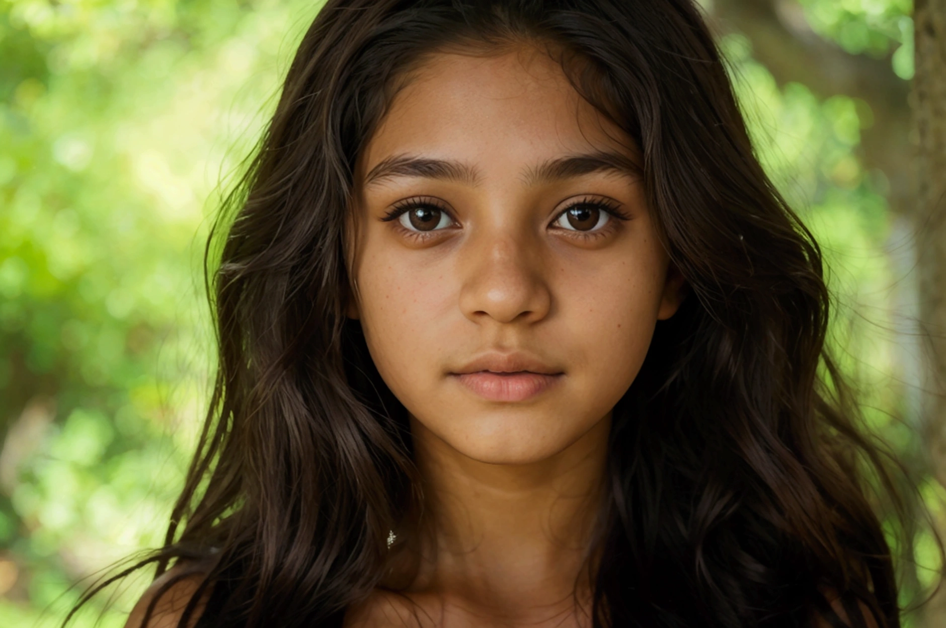 a old Colombian girl, long dark hair, Brown eyes, whole body, naked, Big bust, natural light, 8k, realist.