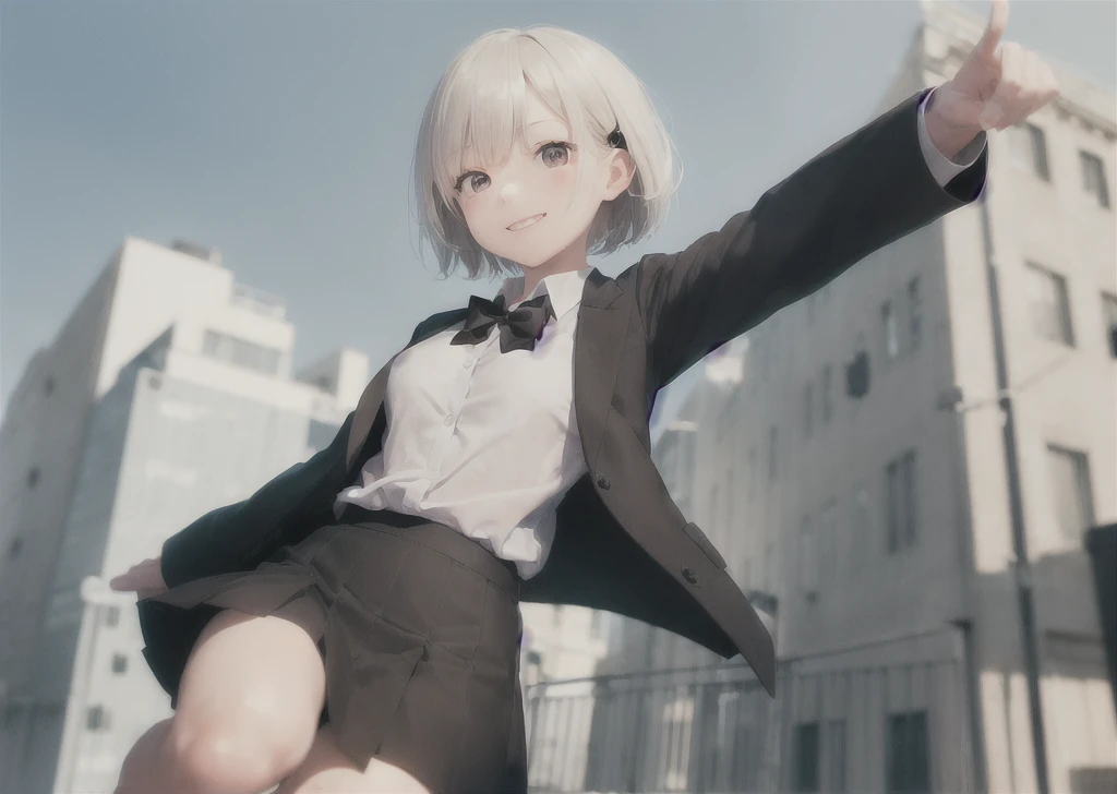 (masterpiece, best quality,extreme detAIled beautiful Eye), Optimal lighting, Perfect lighting,Look at the audience, (1 girl, Solitary,sky, City:1.3),NanasakiAI,Nanasaki_AI,
(whole body,Dynamic Angle,Dynamic poses,Smile,shining_Eye:1.2),(long_sleeve,Black_jacket,jacket,School_,Gibito_High target_School_:1.2),
(short_hAIr,Large target_breast,clavicle:1.2),Black_bow tie,Black_skirt,Wrinkles_skirt,White_shirt