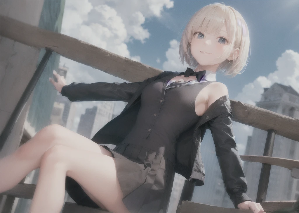 (masterpiece, best quality,extreme detAIled beautiful Eye), Optimal lighting, Perfect lighting,Look at the audience, (1 girl, Solitary,sky, City:1.3),NanasakiAI,Nanasaki_AI,
(whole body,Dynamic Angle,Dynamic poses,Smile,shining_Eye:1.2),(long_sleeve,Black_jacket,jacket,School_,Gibito_High target_School_:1.2),
(short_hAIr,Large target_breast,clavicle:1.2),Black_bow tie,Black_skirt,Wrinkles_skirt,White_shirt
