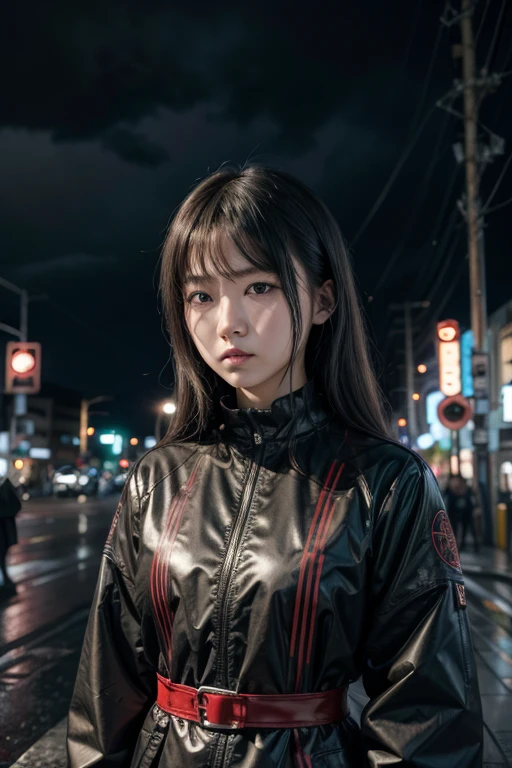 1 Japanese girl, karo, intricate pattern, heavy metal, energy lines, with no face, glare eyes, chic, concentrated, blood red and black uniform, standing alone, moderno, citys, streets, dark clouds, thunderstorm, chuva pesada,, dramatic lighting,, (work of art:1.2), best qualityer, high resolution,   Beautiful detailed, extremely detaild, perfect lighting,