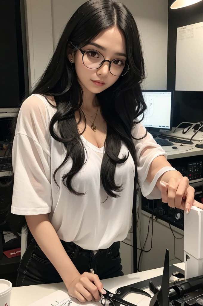 A woman with long black curly hair, wearing glasses white skin , scissors in hand , in a studio