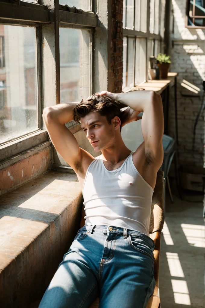 photo by Rick Day, photo of Matt Rife, relaxed natural expression, sitting against the windowsill with his arm behind his head in a vintage style industrial loft with high windows wearing a white tank top and tight slim-fit ripped jeans and Converse sneakers, strong glutes, soft diffused lighting, lived-in vintage bohemian style furniture in the background silver necklace, armpit hair