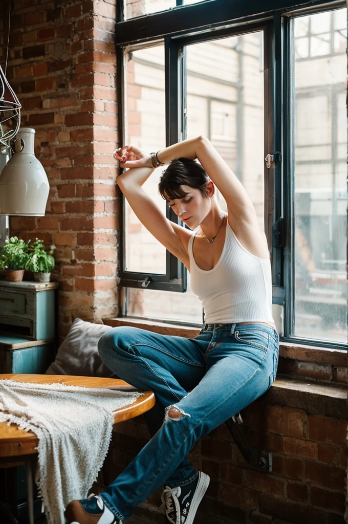 photo by Rick Day, photo of Matt Rife, relaxed natural expression, sitting against the windowsill with his arm behind his head in a vintage style industrial loft with high windows wearing a white tank top and tight slim-fit ripped jeans and Converse sneakers, strong glutes, soft diffused lighting, lived-in vintage bohemian style furniture in the background silver necklace, armpit hair