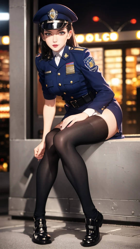 Alone, (police uniform, policewoman), socks, City Lights, (looking at the audience: 1.3), parted lips, Red lips, shiny skin, dents in the skin, Best Quality, ultra high resolution, (realism: 1.4),  