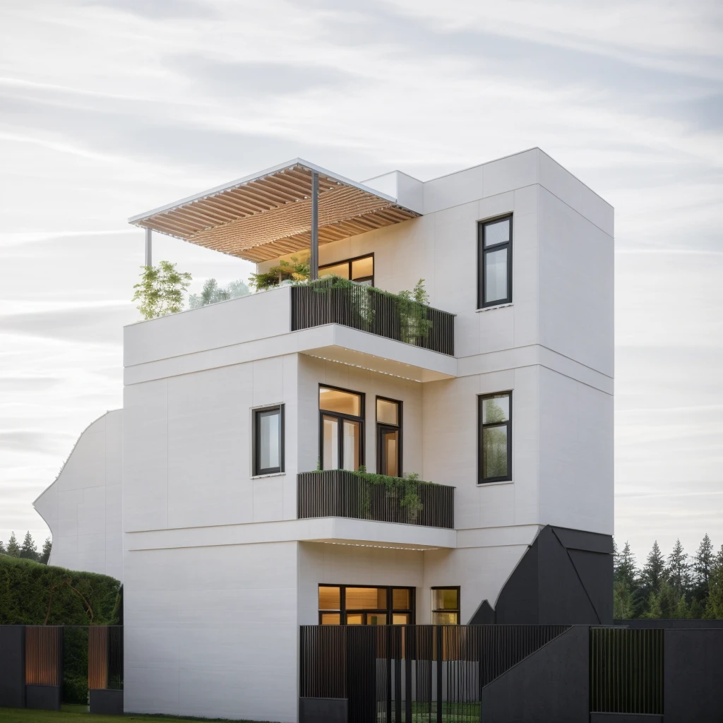 Housev1, modern architecture,wall white, tall trees, plants, grass, landscape, city background, glass house with a sloping roof, glass, modern, futuristic, wood, dynamic (RAW photo, real, best quality, masterpiece:1.2), (hyper realistic, photo-realistic:1.2), high quality, natural light, perfect lighting, archdaily
