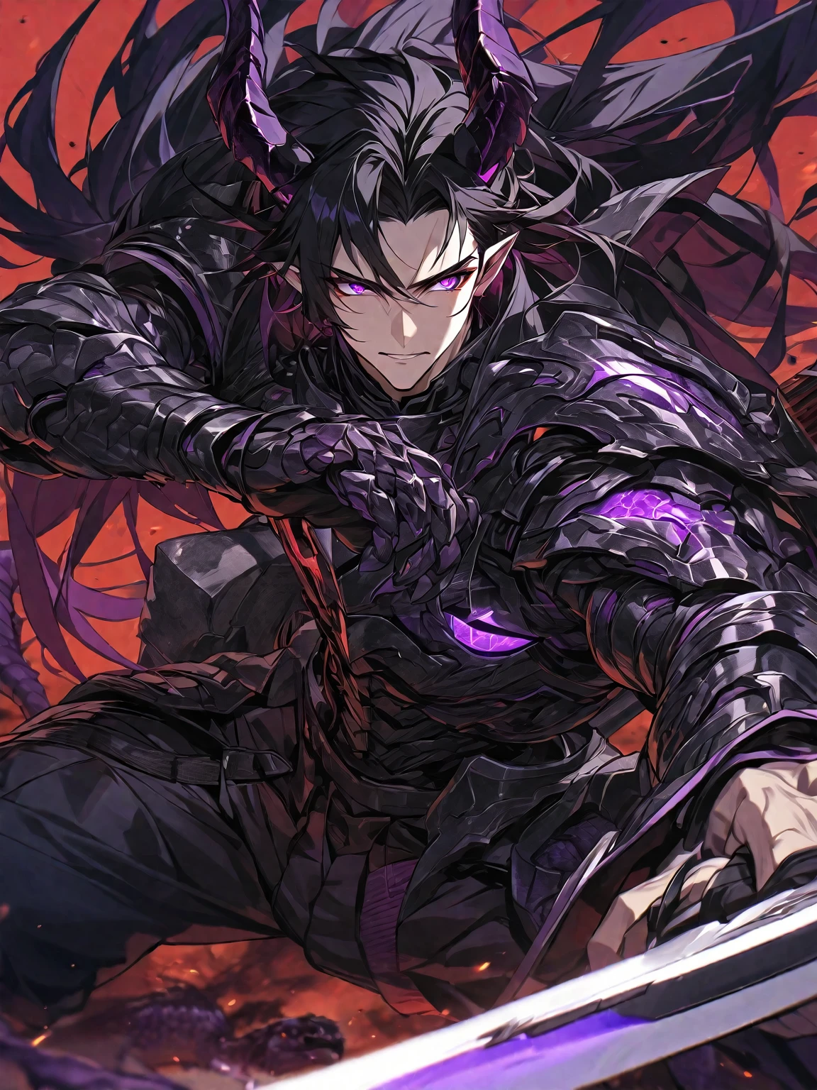 One, handsome, 1 man, with a sporty body, V-shaped body, black detailed armor with glowing purple details, black demonic horns, long hair, black hair, purple with red tones of reptile eyes, purple threads, In combat position, a man has a big and long sword in his hand, Against the background of war