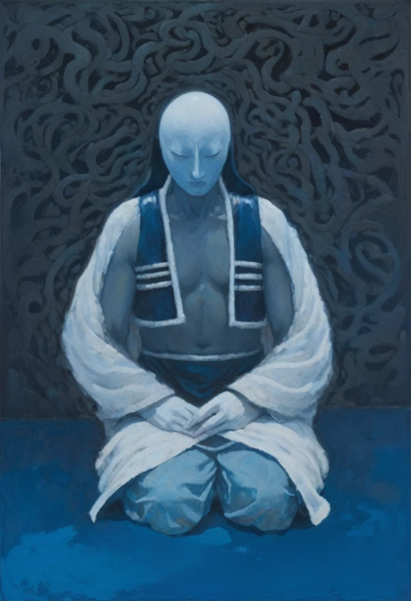 painting of a man sitting in a meditation position on a blue surface, adim kashin, inspired by Enki Bilal, hooded figure, inspired by Gyoshū Hayami, painting of white human figures, detailed painting of dune movie, with no face, ditigal painting, hooded figures, vdragan bibin, shikanosuke yagaki