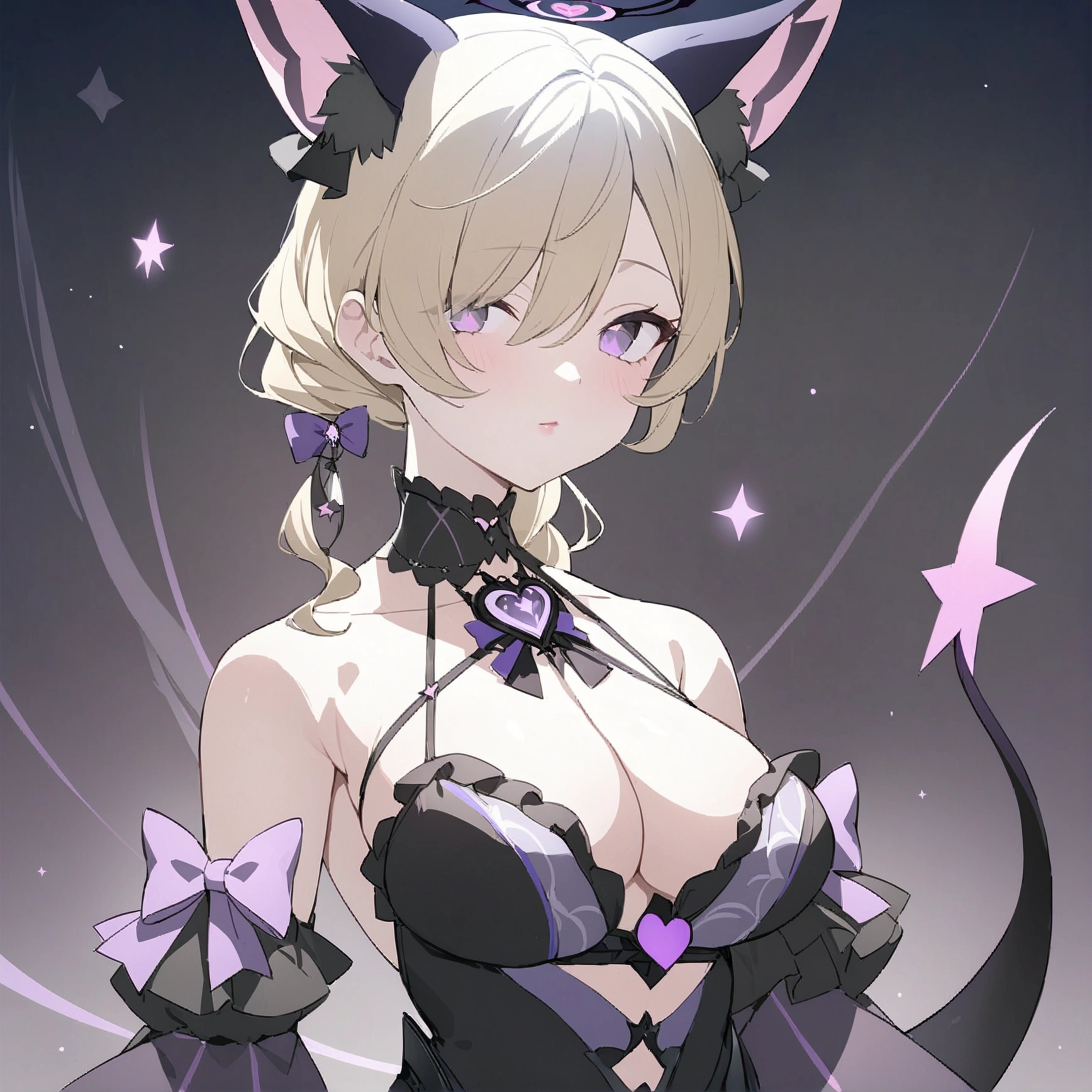 Woman 170cm tall, big chest, wide hip. (character design sheet: Full body front view). (blonde hair, waist-length curly wavy hair with a short center strand, She has a short braid tied with an elegant purple bow on the left side of her hair.. She has a short braid tied with an elegant purple bow on the right side of her hair. She has small ribbons in the back of her hair.). Gray eyes with a purple 4-pointed star in the pupil. Two black and purple serval ears located on the top of the head. Luminous black halo with purple star patterns above his head. black necklace with a heart emblem on the neck. (Elegant one-piece long dress with lace and ruffle skirt, ribbon decorations and star patterns on the dress). black gloves, beautiful black platform heels. gray belt at the waist with a large ribbon with a luminous pink heart in the middle. He has a complex demon tail with a small purple star on the tip.. (It has complex mechanical legs that reach up to the thighs and are black with small purple details.). beautiful detailed hair, beautiful detailed dress. extremely detailed arms. extremely detailed face, small face, Beautiful detailed eyes, beautiful detailed lips. adorable. extremely detailed legs. (Best Quality, 4k, 8k, high resolution), ultra detailed, Exquisite and epic character art.