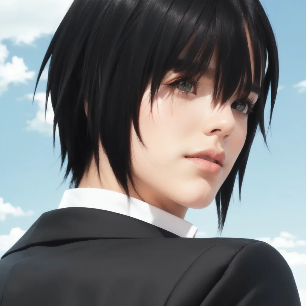 angry black haired and yellow eyed man in a black suit, realistic