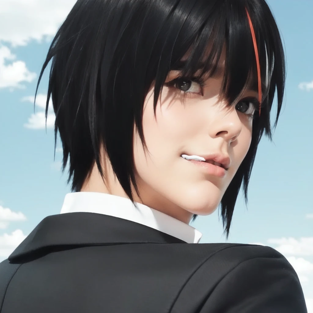 angry black haired and yellow eyed man in a black suit, realistic