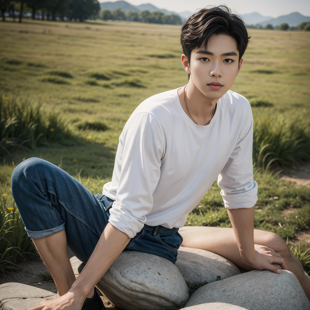 Asian muscular boy sitting on grass, sexy, Dark eyebrows, white shirt, wearing white thong high cut underwaer, white high cut Jockstrap, muscular young male, mid shot portrait, high quality portrait, Attractive pose, cute young man, gorgeous young model, portrait a 25 - year - old boy, casual photography, Realistic. Cheng Yi, cute young man, ((wearing micro string thong))