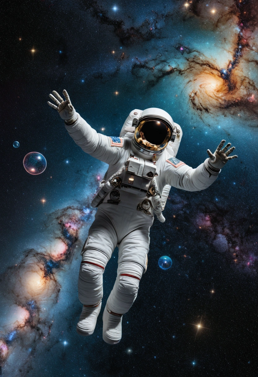 Astronaut turns into a skeleton floating in the abyss of space, Surrounded by a cosmic ocean of galaxies and nebulae，Forming unique constellations. The bubbles around it contain fragments of the knowledge and secrets of the universe.. The photo was taken with an 18mm wide-angle camera, em 8k Realism, Create an image that makes people feel surprised and amazed at the vastness of the universe. Kaneko.