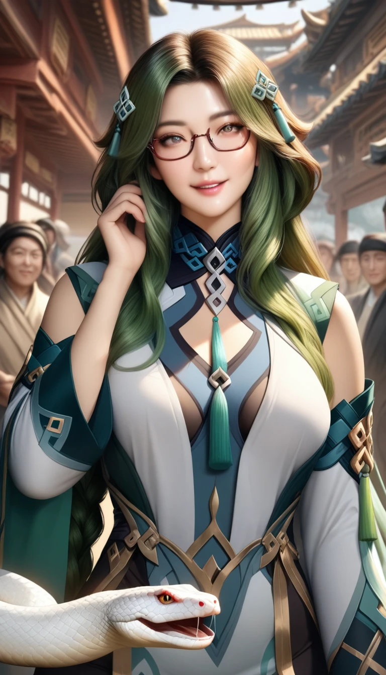 masterpiece, best quality, very aesthetic, absurdres, 1girl, mature_lady,animetoreal,realistic,photorealistic, smile,,1boy, baizhu \(genshin impact\), genshin impact, long hair, green hair, snake, glasses, hair between eyes, hair ornament, jewelry, yellow eyes, shirt, braid,Colonial,floating_clothes