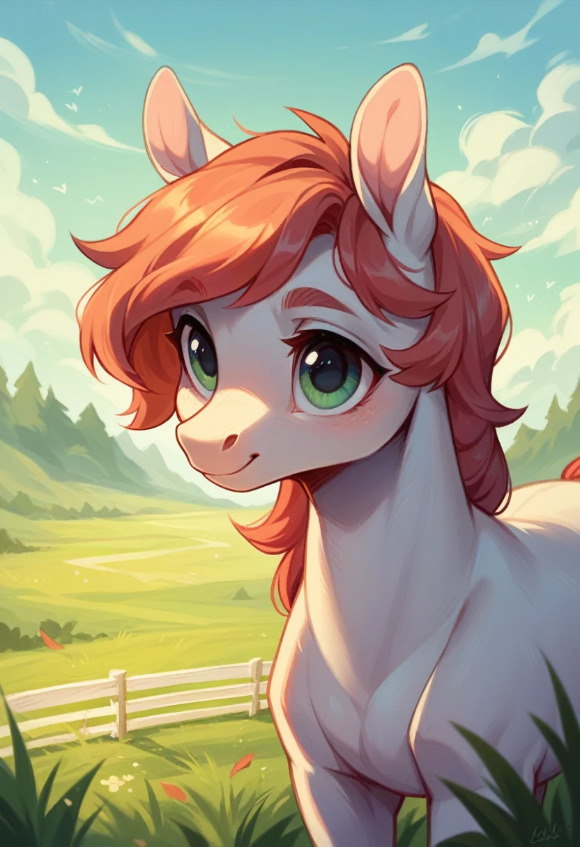 A charming digital painting of a horse with large eyes standing in a field. The artwork is detailed, cute, and beautifully rendered, showcasing a captivating cartoon style. It's a winning entry in a Behance art contest, highlighting its high quality and artistic merit.