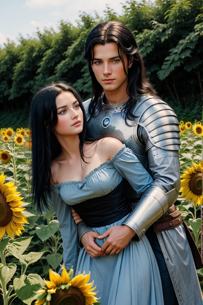Vintage looking Picture of a young blonde knight with blue eyes holding a woman with black hair, grey eyes. The background is a sunflower field.
