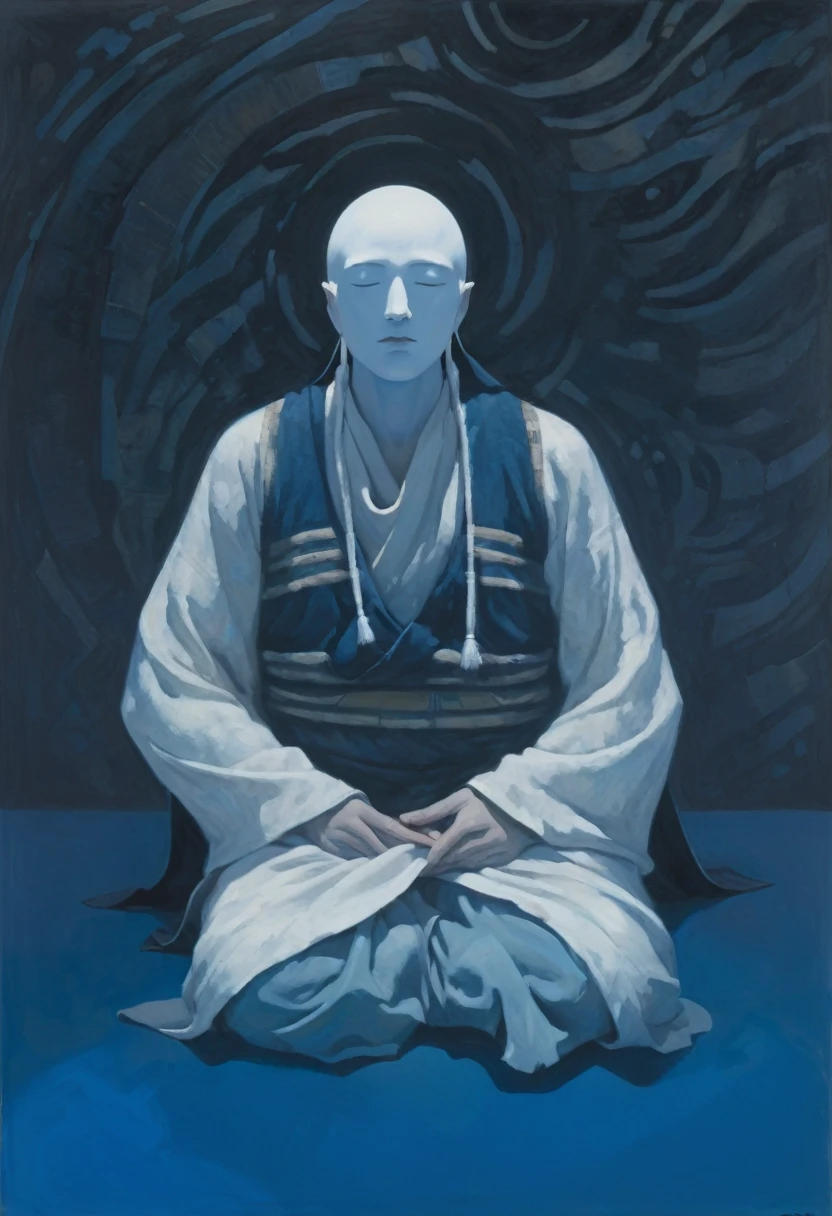 painting of a man sitting in a meditation position on a blue surface, adim kashin, inspired by Enki Bilal, hooded figure, inspired by Gyoshū Hayami, painting of white human figures, detailed painting of dune movie, with no face, ditigal painting, hooded figures, vdragan bibin, shikanosuke yagaki