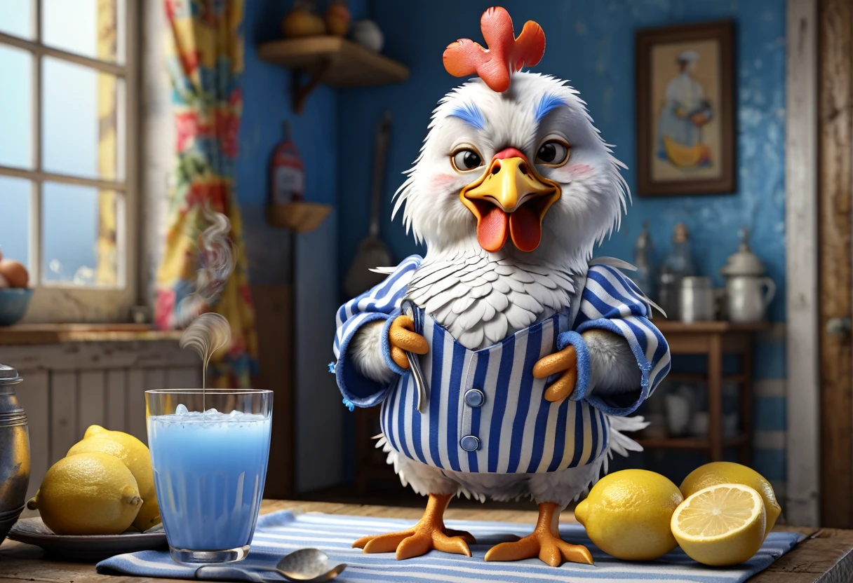 A humorous and vibrant 3D rendering of an anthropomorphic chicken, sporting an unkempt weathered and grumpy expression that is plucking its feathers. The chicken is wearing ripped blue and white striped pajamas, holding a glass of steaming lemon juice and seems very tired and says "GOOD MORNING". The background highlights a lively and colorful decor, with various objects alluding to the chicken\'s quirky personality.