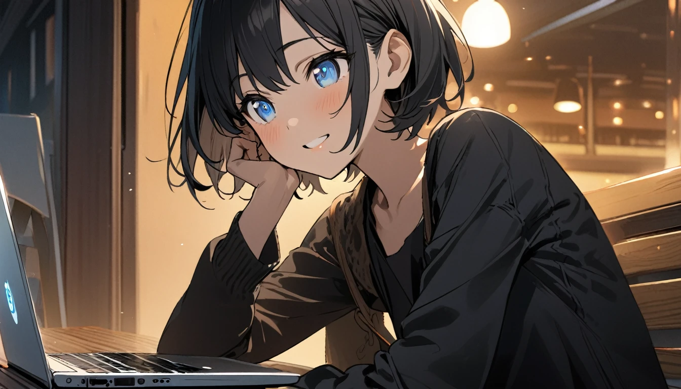 1girl, solo, blue eyes, (detailed eyes), flat chest, short hair, black hair, upper body, gentle smile on her face, , sitting up straight, black dress long sleeve ((masterpiece, illustration, best quality)) Fashionable open café、Woman using laptop on terrace seat、stitting, 20yr old、A smile、frontage、The upper part of the body、black hair、short-hair、The upper part of the body、closeup