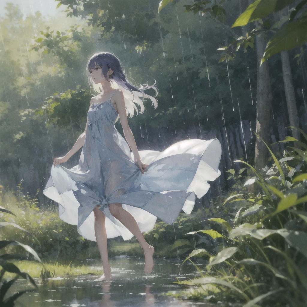 a slender girl with a very beautiful exquisite face barefoot in a light summer sundress in the rain in the summer forest, purple thunderstorm, in watercolor style