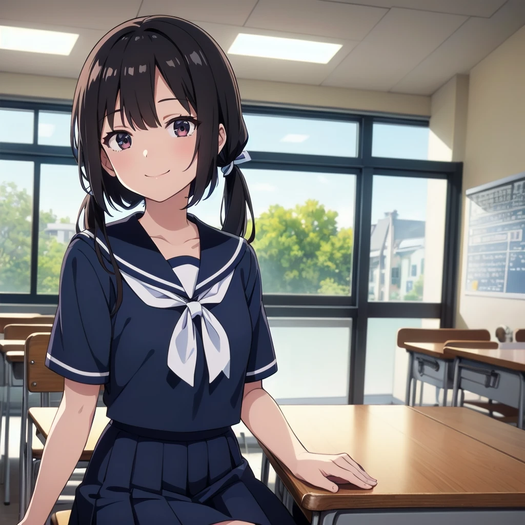 1girl, sitting, hand up in front, head tilt, smile, 15yo,
classroom, indoors, school chair, school desk, (low twintails girl), low pigtails, hair ribbon white, very long black hair,
white serafuku with blue ribbon, navy-blue collar, navy-blue skirt,
(dark brown eye), afternoon, summer,
school,
(from front:1.4), upper body,
anime, high brightness, detailed face, detailed eyes,
(high quality, ultra detailed, masterpiece, FHD)