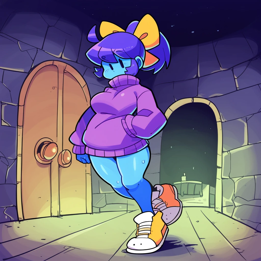 PDXL, score_9_superior, score_8_superior, score_7_superior, Highest quality, masterpiece, sauce_anime, Dark Background, indoor, Dim lighting, Old house, night, Detailed Background, Break 1 Girl, alone, Marina_(/Noil/), Dot Eye, Ghost, Ghost girl, Purple Hair, ponytail, Blue Skin, Blue body, Purple Hair, bow, Purple Sweater, shoes下, shoes, Yellow sneakers, Bottomless, View your viewers, Are fat, 