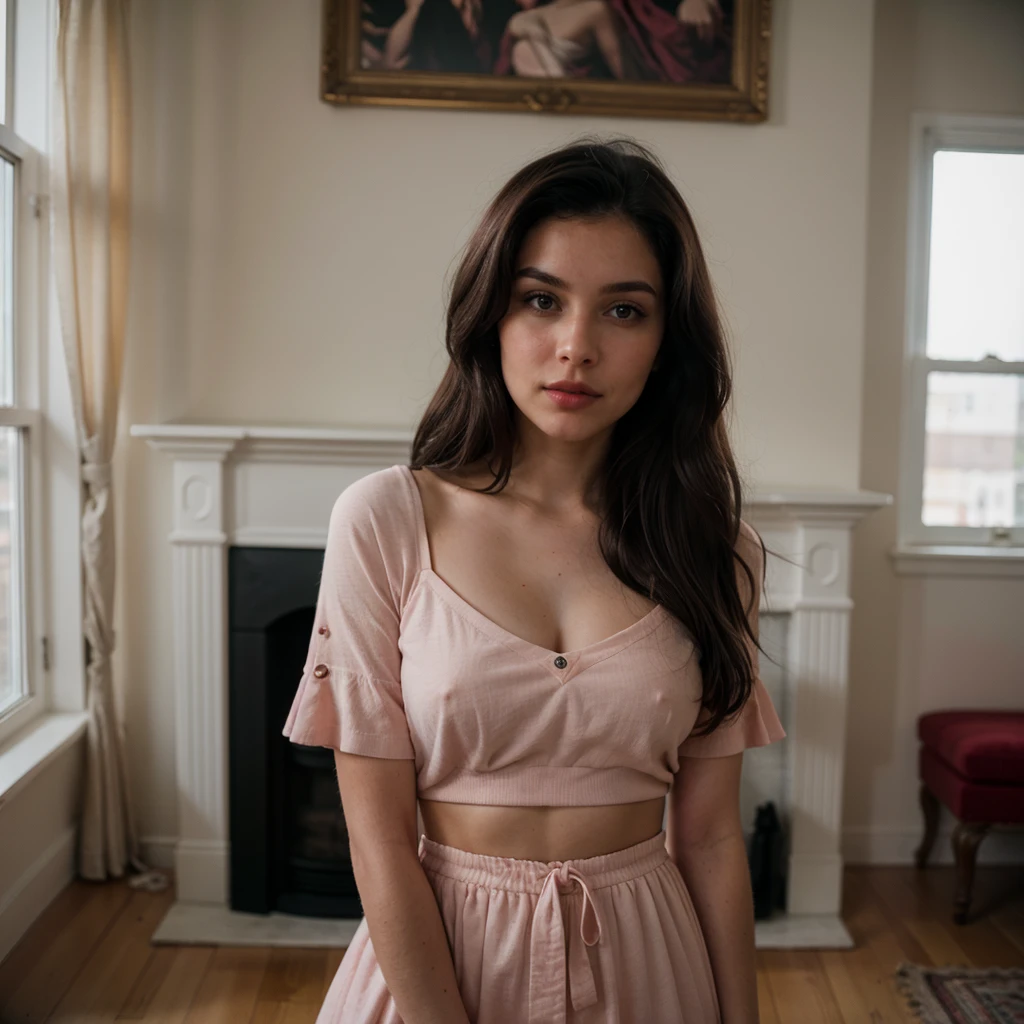 analog photo of a young woman with long dark hair, posing in her living room, wearing a pink puffer dress faded film, desaturated, 35mm photo, grainy, vintage, Kodachrome, Lomography, stained, highly detailed