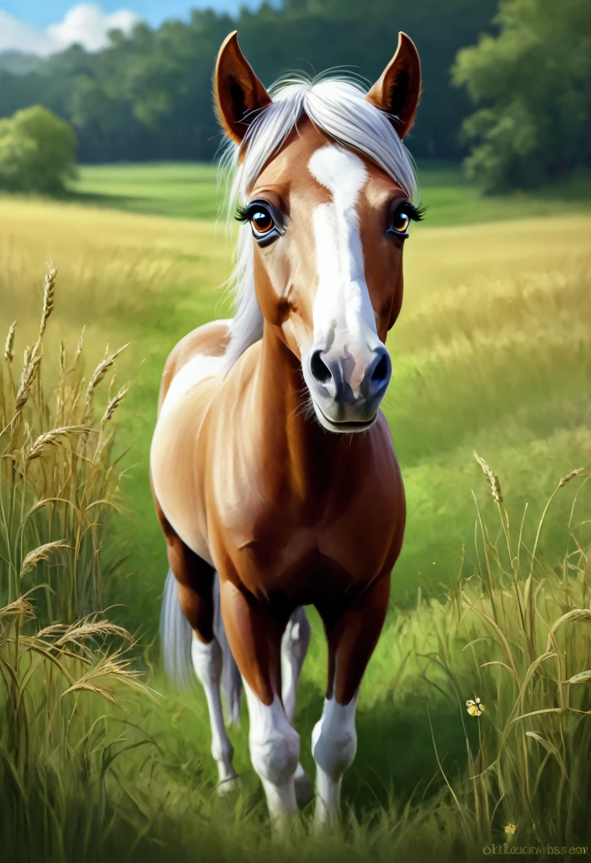 A charming digital painting of a horse with large eyes standing in a field. The artwork is detailed, cute, and beautifully rendered, showcasing a captivating cartoon style. It's a winning entry in a Behance art contest, highlighting its high quality and artistic merit.