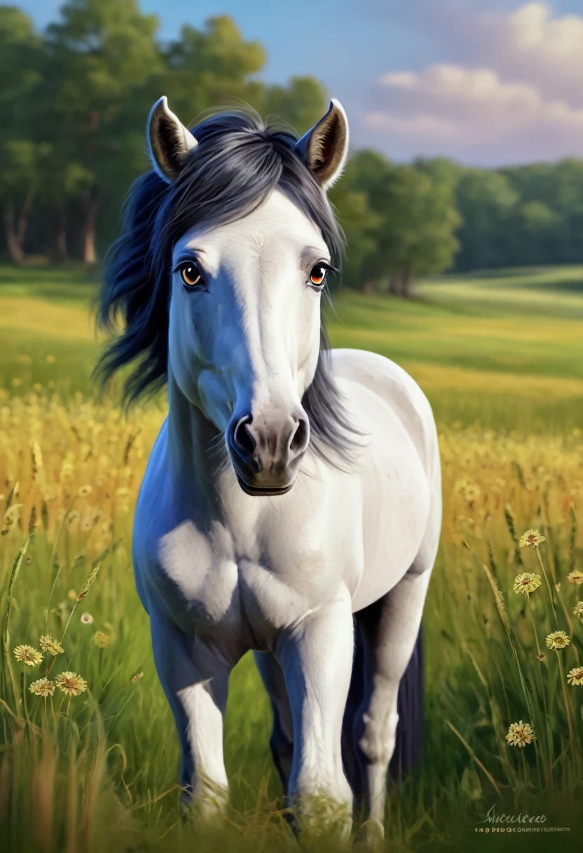 A charming digital painting of a horse with large eyes standing in a field. The artwork is detailed, cute, and beautifully rendered, showcasing a captivating cartoon style. It's a winning entry in a Behance art contest, highlighting its high quality and artistic merit.