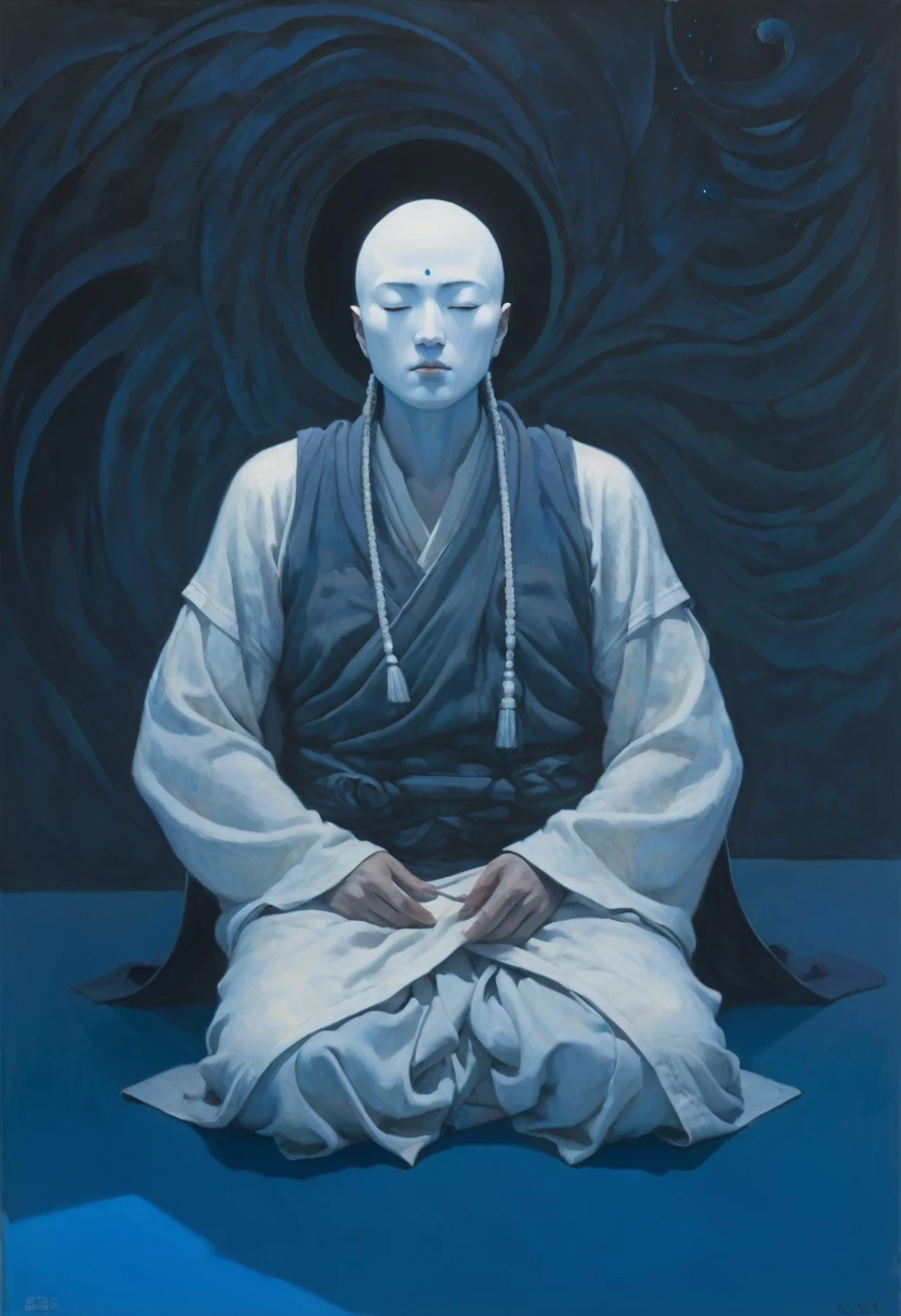 painting of a man sitting in a meditation position on a blue surface, open eyes, adim kashin, inspired by Enki Bilal, hooded figure, inspired by Gyoshū Hayami, painting of white human figures, detailed painting of dune movie, with no face, ditigal painting, hooded figures, vdragan bibin, shikanosuke yagaki
