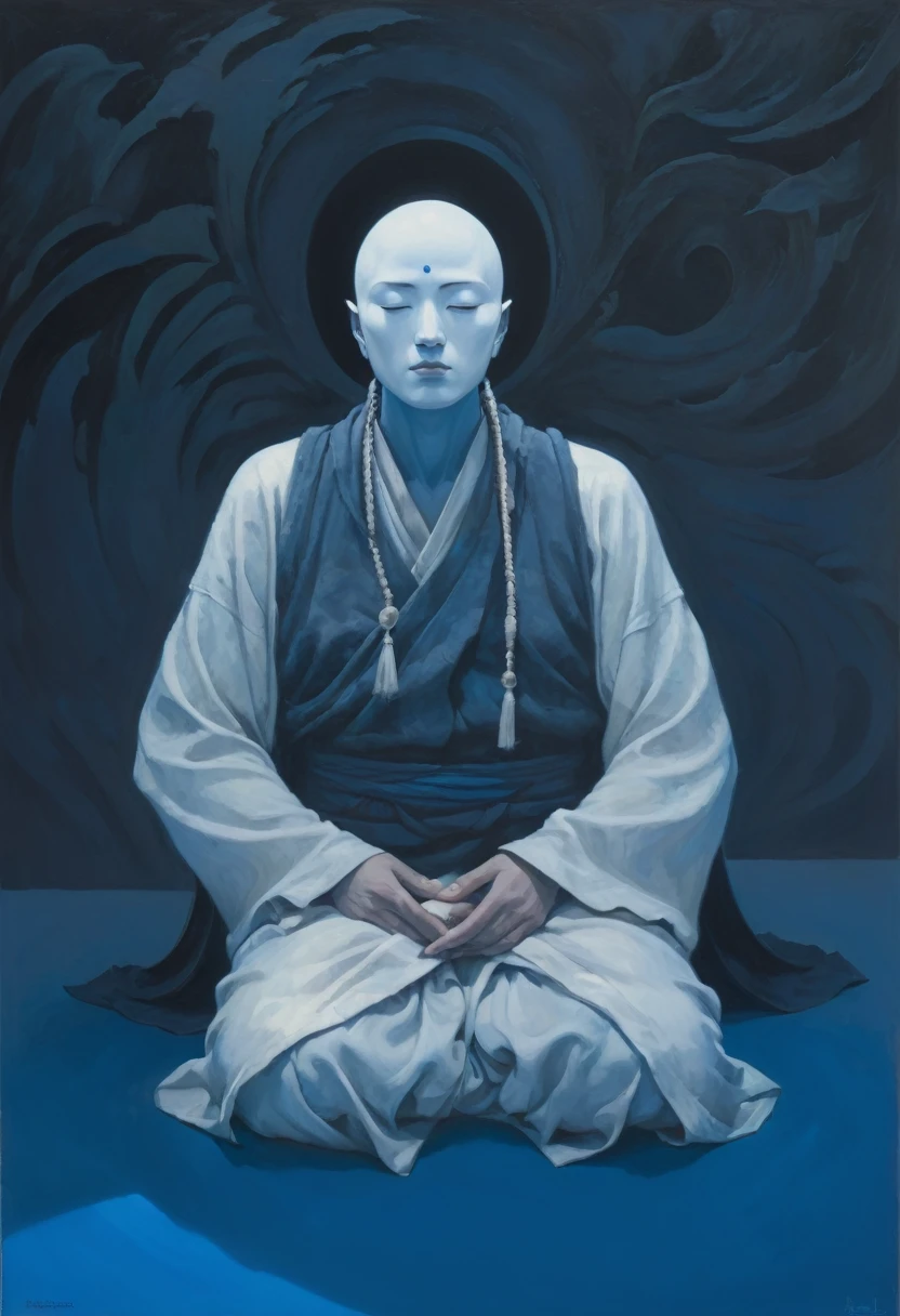 painting of a man sitting in a meditation position on a blue surface, open eyes, adim kashin, inspired by Enki Bilal, hooded figure, inspired by Gyoshū Hayami, painting of white human figures, detailed painting of dune movie, with no face, ditigal painting, hooded figures, vdragan bibin, shikanosuke yagaki