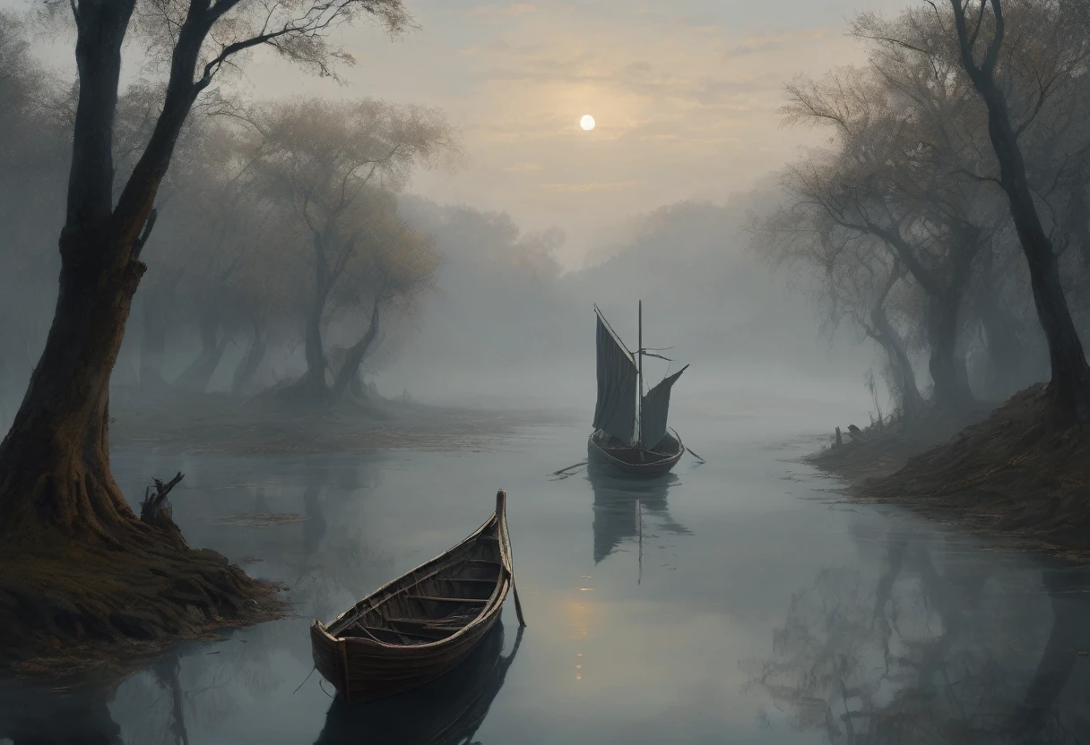 (((super realistic, lots of details, masterpiece))), In the image, created in a neural network, Charon, old withered boatman with a long beard, standing in his boat, which seems ancient and worn. His eyes express wisdom and sadness, and your hands confidently hold the oars. A man with an exposed hummock is sitting in a boat, Shrouded in mystery. The environment depicts the dark and mysterious world of the kingdom of the dead. River, on which the boat floats, flows slowly and silently, as if driven by fate itself. A foggy morning creates an atmosphere of mystery and sadness. The shore is visible in the distance, covered with gloomy trees and rocks, symbolizing the gates of the kingdom of the dead. The river water reflects the pale luminary, giving the picture a certain supernatural tone. Silence and tranquility reign in this world, filled with secrets and riddles.