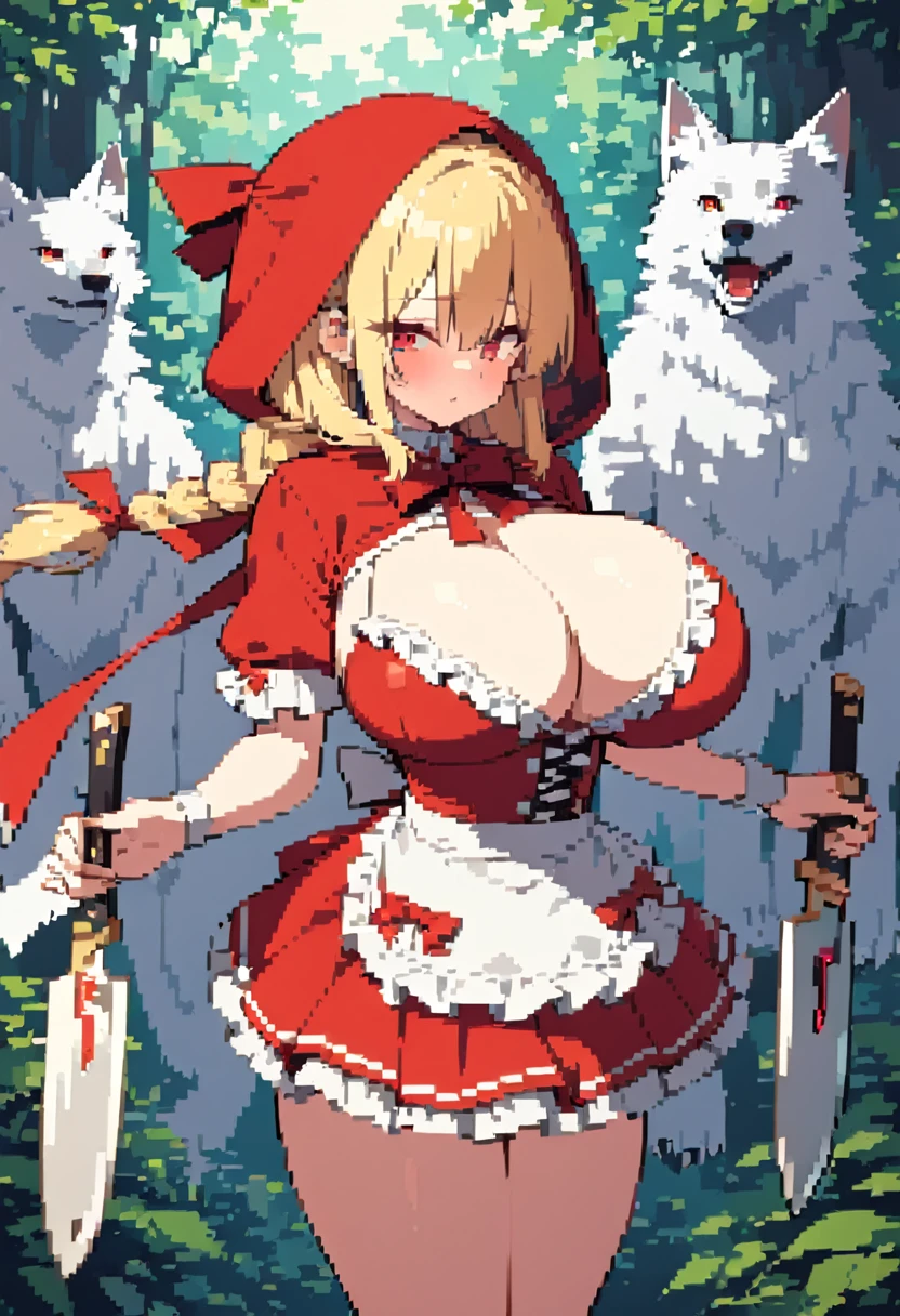 masterpiece, Highest quality, 8K, Little Red Riding Hood, Full body portrait, Precision, Blonde, Braid, One eye is hidden, ((Big Breasts)), My breasts are swinging side to side, Cleavage, blouse, Frills, apron, mini skirt, flare skirt, ((Darker, knife, Two-Way, Holding a weapon in each hand, Cross your arms in front of your chest)), ((Light forward lean, Facing forward, Running towards the front)), Powerful movement, dynamic, Follows the wolf, giant white wolf, in the forest, dim