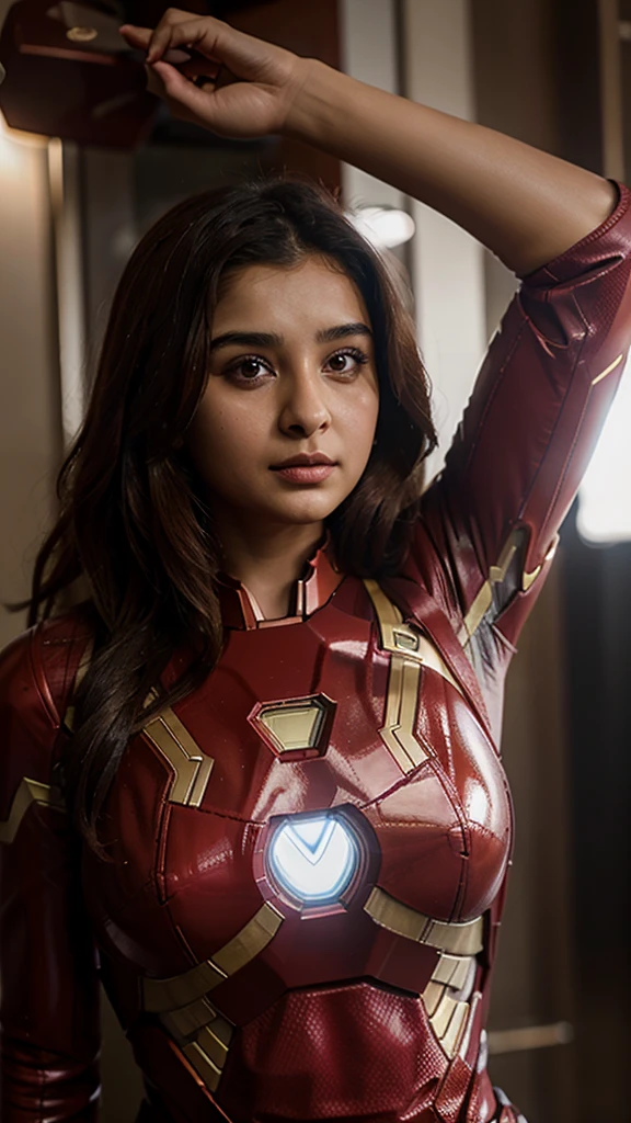 portrait photo, kryst3n, (sharp focus:1.2), attractive young woman anupama  (beautiful face:1.1), detailed eyes, luscious lips, (smokey eye makeup:0.85), she is wearing iron man mark II armor suit, in a (courtyard:1.1). (moody lighting:1.2), depth of field, bokeh, 4K, HDR., frizzy free hair