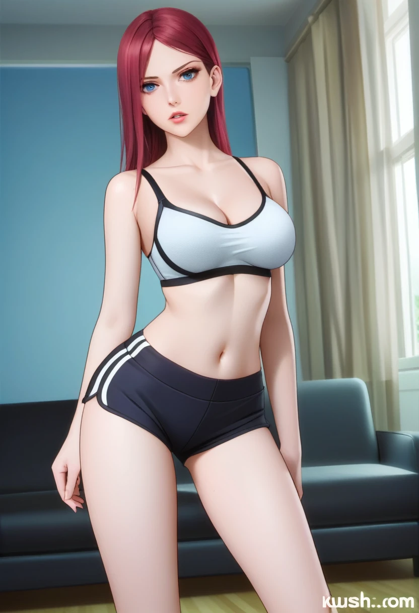 score_9_up, score_8_up, score_7_up, 1girl, solo, mature female, ((Kushina)), long red hair, blue eyes, pink lips, parted lips, fit slim body,((perfect medium erected breast)), (((white sport bra, black sport shorts))), ((highly detailed modern grey living room)), perfect model body, serious face, seductive pose