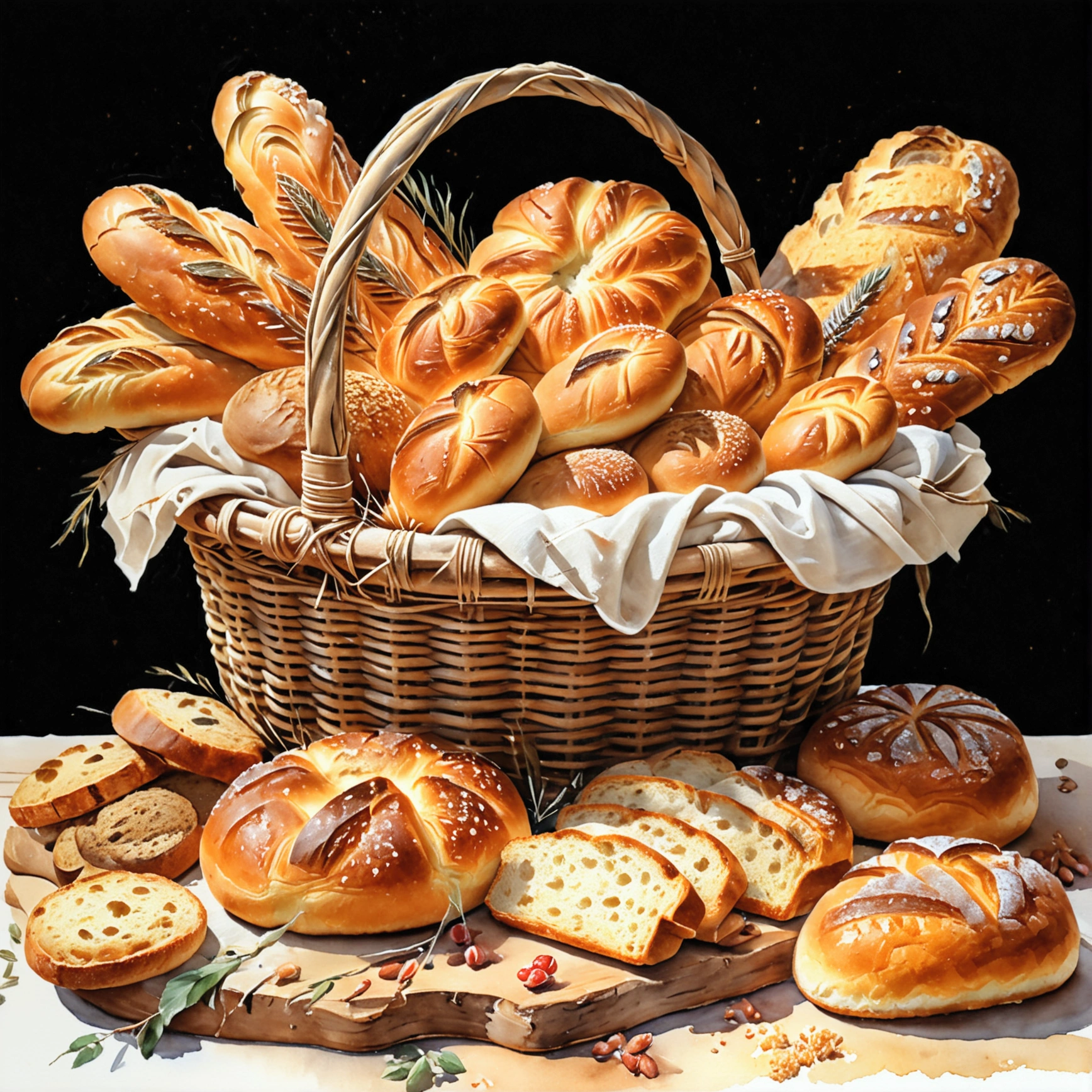a wooden rattan basket ful of bakery, many type full of bread, cake, illustration, baking ingredients, isolated with solid white background, surrounded with negative space, centered composition, 8k, highest detailed painting, very precise painting, Isolated, clear solid white background, perspective angle of view, cartoon style, ((watercolor:1)), clip art, (lora:add-detail-xl:1), (masterpiece), (best quality), no bread on the floor,