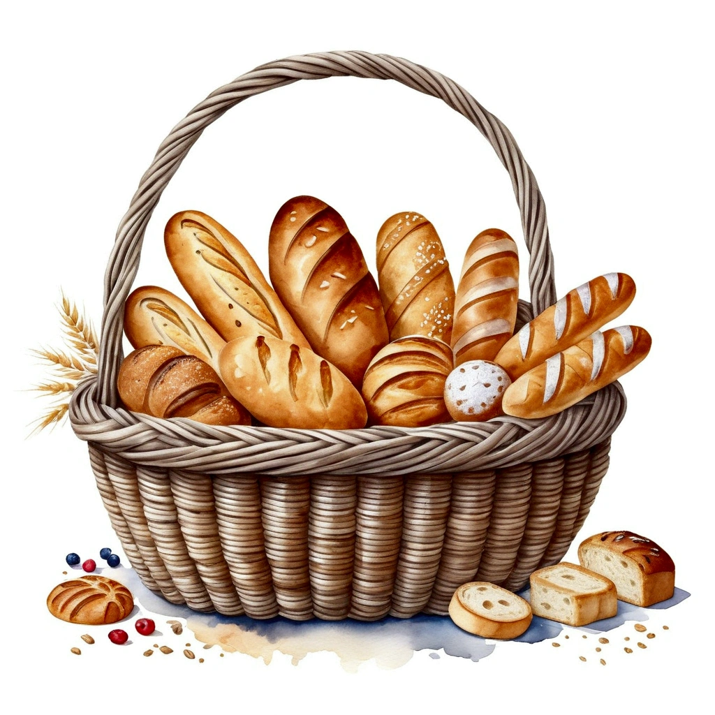 a wooden rattan basket ful of bakery, many type full of bread, cake, illustration, baking ingredients, isolated with solid white background, surrounded with negative space, centered composition, 8k, highest detailed painting, very precise painting, Isolated, clear solid white background, perspective angle of view, cartoon style, ((watercolor:1)), clip art, (lora:add-detail-xl:1), (masterpiece), (best quality), no bread on the floor, 