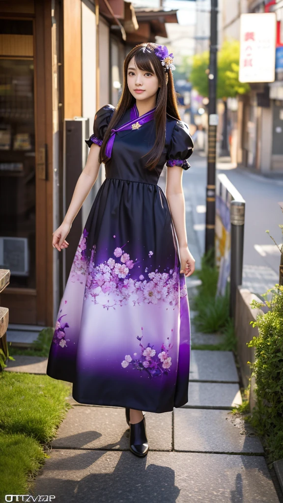 Full body, very very long hair brown rapunzel, cosplay Anime girl in a purple and black dress with a purple sakura flower in her hair, artwork in the style of Gweitz, Gweitz, japanese Girl, Trending on cgstation, Cute anime  in a nice dress, Gweitz on pixiv artstation, palace ， Girl in Hanfu, Beautiful digital art, Gweitz on artstation pixiv, very very long brown hair rapunzel, dancing, walking, background japan city, excited