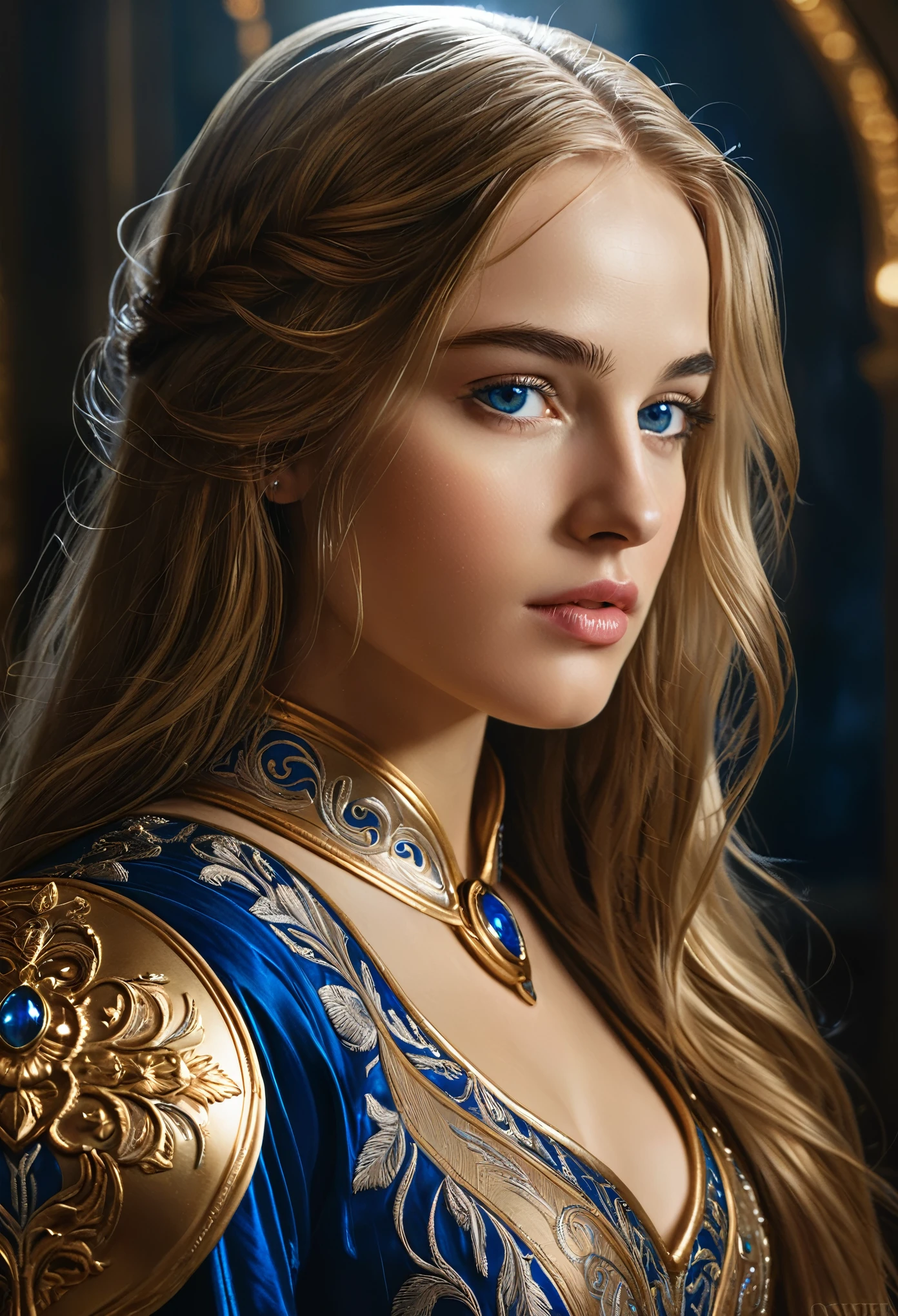 A beautiful portrait of Joan of Arc, detailed intricate armor, long flowing hair, piercing blue eyes, serene expression, glowing celestial aura, ornate gold embroidered dress, dramatic lighting, cinematic composition, photorealistic, 8K, masterpiece, digital painting, Charlie Bowater style,
