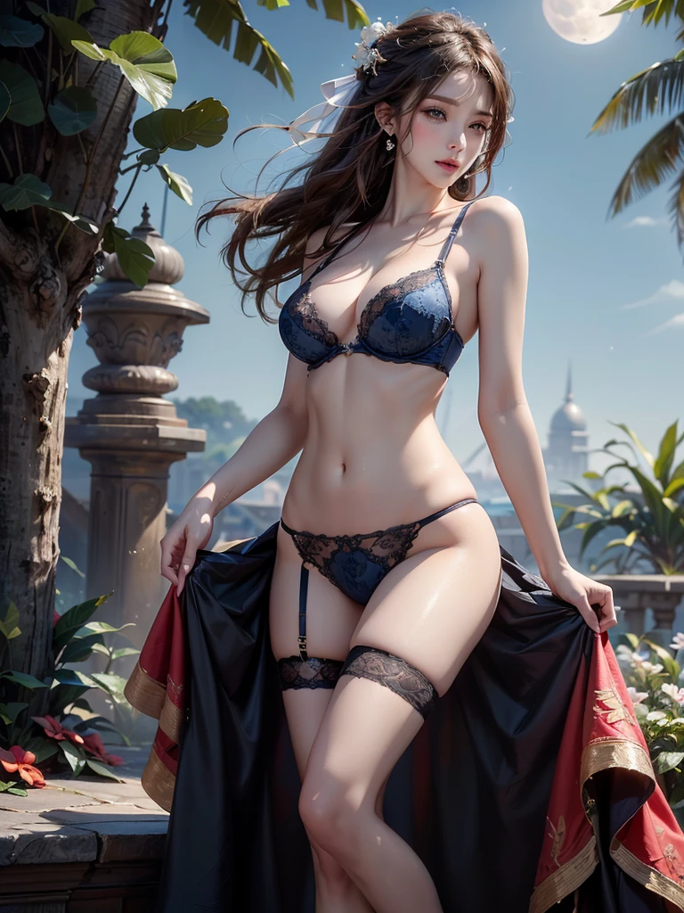 (best quality, masterpiece, ultra detailed, ultra high res, photorealistic, raw photo, absurdres, absolutely resolution:1.5),(An extremely delicate and beautiful work:1.4)(best quality color photo of a beautiful woman in a blue bra and pantie, haute couture fashion shoot, Advertising photo for luxury lingerie brand, medium long shot, :1.5),
Brake French luxury lingerie brand, (The brand concept is that lingerie gives women beauty, femininity, and confidence,)
Brake (the lingerie has a bold, sensual, and romantic design,:1.3), (Lingerie that makes a woman's body shine and makes her feel passionate),The ultimate lingerie that women all over the world aspire to, (very delicate lace lingerie:1.2), sexy lingerie, elegant and sophisticated fashion,
Brake (The woman is a 28-year-old global super model:1.4),(beautiful figure, Perfect female body,skinny physique:1.5), (she is the embodiment of beauty and allure), A very beautiful and sexually attractive woman, sensual and seductive, asian beauty,(her flowing hair cascades gracefully, perfectly complemented by tasteful and elegant makeup:1.3) ,(black hair), (detailed face), looking at viewer, detailed eyes, black eyes, lustrous lips ,(subtle smile),cleavage, (slim body, muscular),
Brake (the woman is standing in the garden, tropical , summer, moon:1.3),(fantasy, fractal art :1.2)