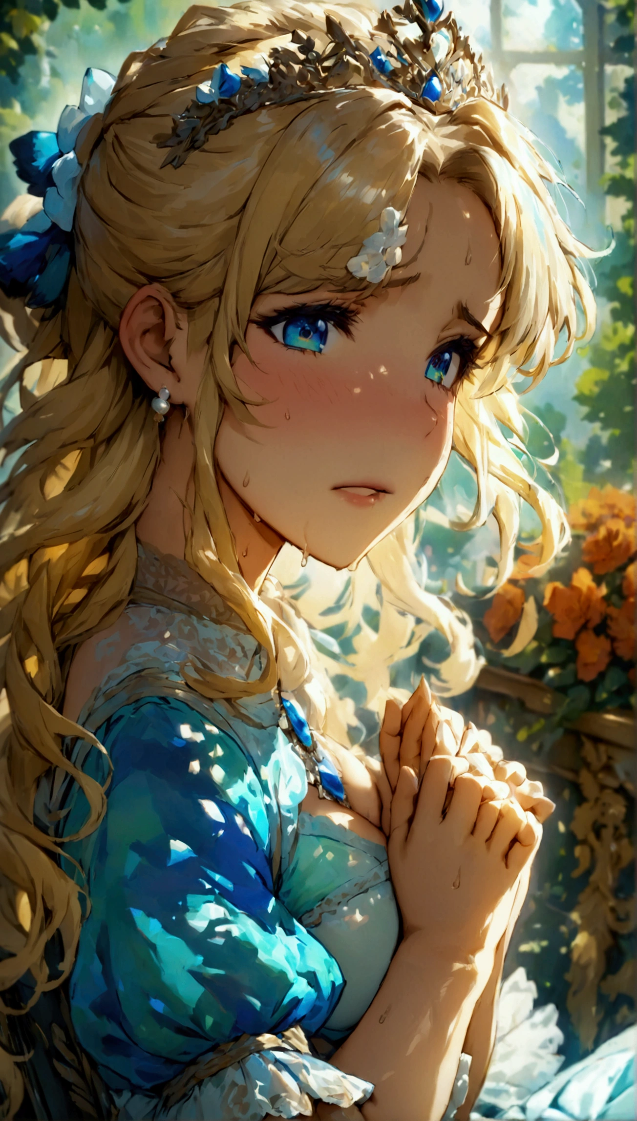 anime. 1 Girl. Cute girl. Princess. Disabled person. Blonde. Long hair. Wavy hair. Blue eyes. Beautiful eyes. Beautiful eyes. Expressive eyes. Ideal face. beautiful nose. 16 years. Medium breasts. Beautiful breasts. Urinary incontinence. Wants to pee. I need to pee. A strong, desperate urge to pee. Hands on crotch. He squeezes his crotch tightly. Rubs the crotch. She peed herself. Urine
flows down your thighs. Ideal anatomical body. Beautiful long legs. Diadem. Neat earrings. Pearl necklace. Luxurious white dress. Victorian style dress. White gloves. Heeled shoes. Wheelchair. Sits in a wheelchair. Full height.
The Royal Castle. Royal Garden. Beautiful character design. Shiny skin. Full body. NSFW. Official art. Extremely detailed CG Unity 8k wallpaper. Ideal lighting. Ultra high resolution 4K. Super detailed 8K resolution. A high resolution. Masterpiece. Best quality.
