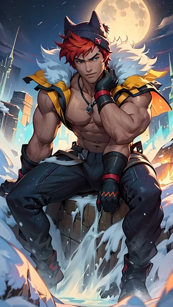 (Masterpiece, best quality),1 Boy, (Obscenity),teenager,side,Naked and lying in the snow,obscene expression,Short round face,Flat chin,Smooth and detailed face,The bottom is rounded and upturned.,Ultra-fine colored underwear,Have muscles,bright orange short hair,blue eyes,Open his eyes wide,complicated,full body,nakedness,Obscenity,Ultra-fine underwear in teal gold color.,กล้ามเนื้อabdomen,nighttime,bright colors,(depth of field:1.2),(abdomen),Lying down in the snow,There were many diamond-shaped ice cubes on the ground.,cold temperature，View from the bottom up, Sett, The Boss (League of Legends), 比基尼, Big muscles, Broad shoulders, handsome, The skin is doused with oil., moon, stars,