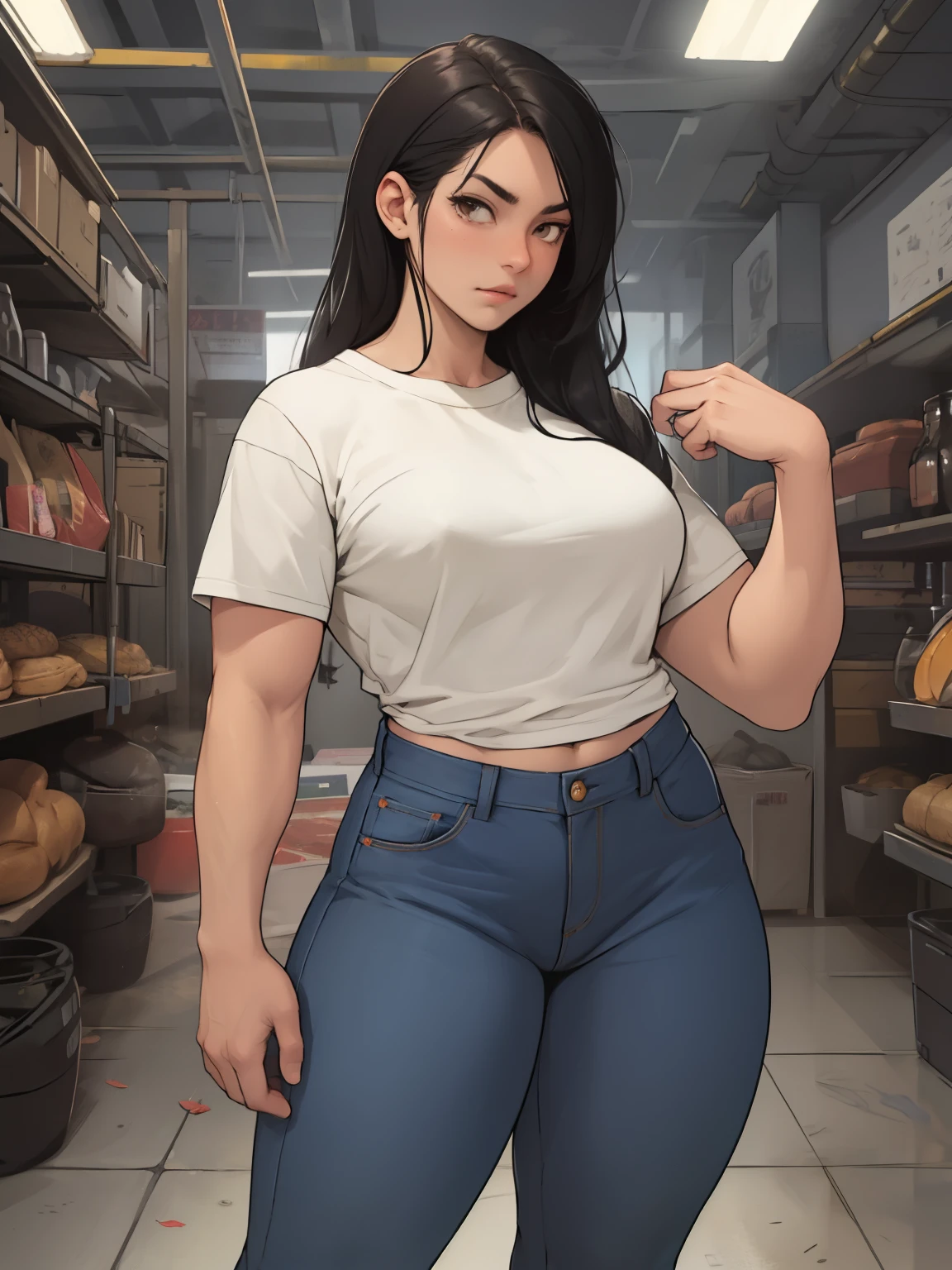 sad girl pale girl slender girl thick thick thick muscular huge muscles breasts wide hips tiny waist black hair yellow eyes tight shirt and pants thin waist