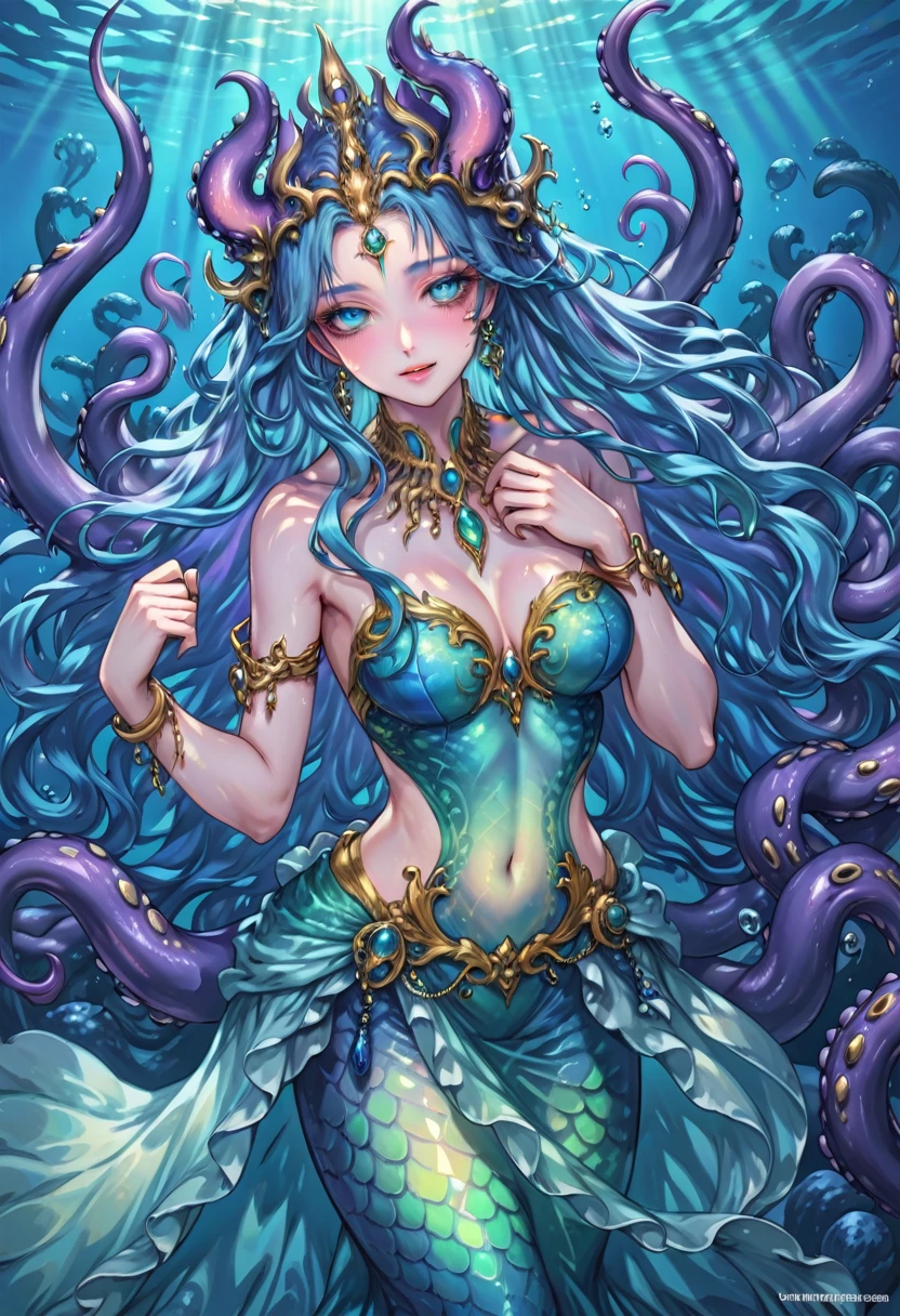 [translucent:opal:0.5], High quality bust，Only need to appear above the waist，No legs appear，The character needs to enter from the waist up，Reflective Transparent Opaque See-through Sarong, krakens, Long hair, 白色Long hair，Mermaid, Goddess of the sea, Ocean Goddess，Tentacles, Full face blush, Intricate details, light, excellent quality, Amazing shadows, Detailed description, Official Artwork, wallpaper, Official Art, Extremely detailed eyes and face, Beautiful and delicate eyes, ((masterpiece, best quality)),Half-body image,cowboy shot