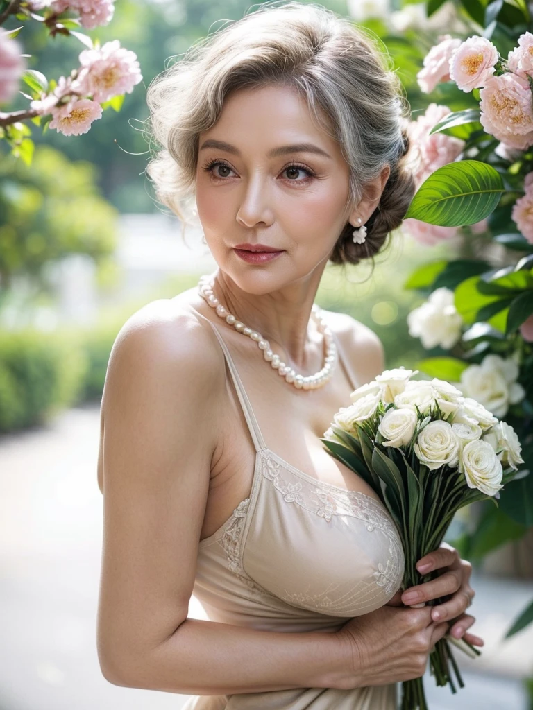 Beautiful elderly woman, cute,sexy,80 years old,,sexy,Wear a pearl necklace, Flowers in her hair, hair bunches, holding a little bunch of white flowers in her hand, posing with flowers, old woman, Ultra big Big saggy soft:1.4, Breasts, Curly Hair, big nipples, mature nipples