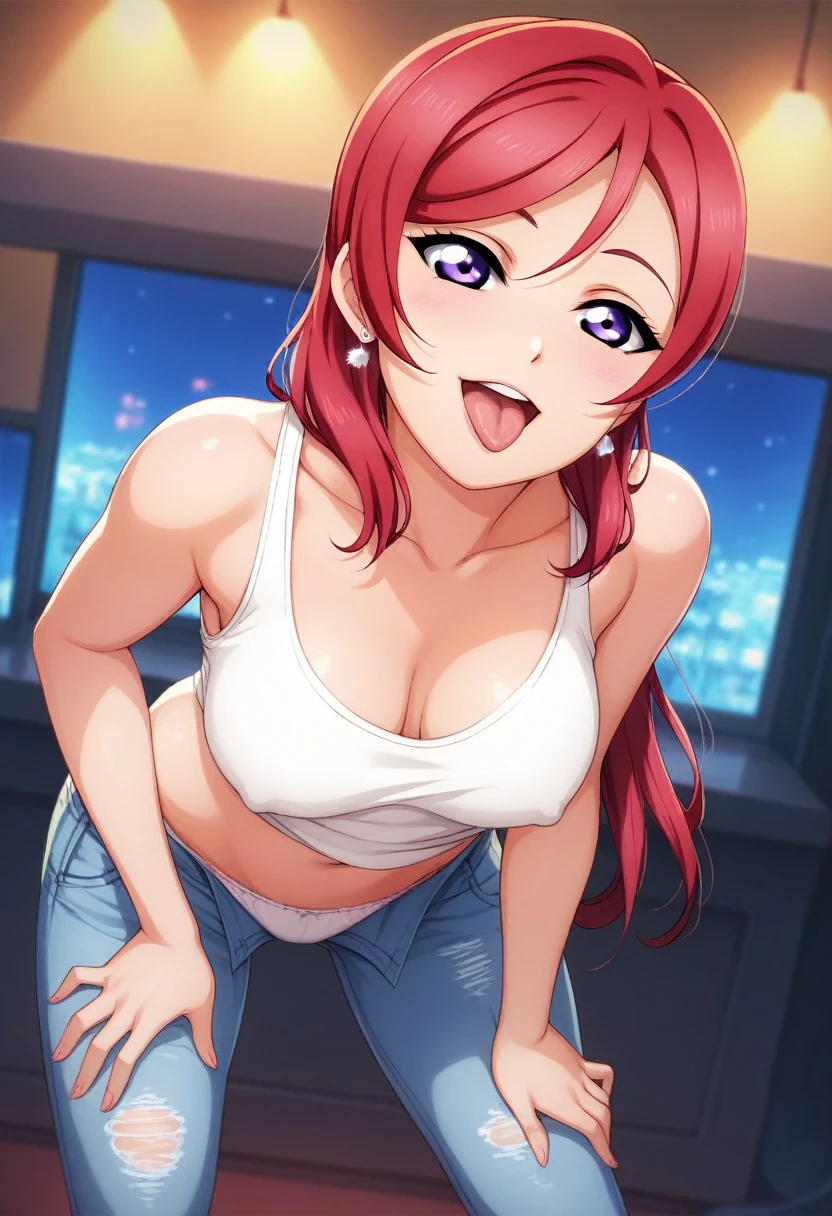 Masterpiece, love live,sexy,facial details, 1girl, detailed body part details, cowboy shot, breasts,8k wallpaper, looking at viewer, nishikino maki, low waisted jeans pants, white underwear, leopard printed tank top, earrings,in dark arcade hall, tongue out, sexual, earrings, purple eyes, standing ,red hair , open fly , bent over,pov, hands on thighs, sexual seduction , night 