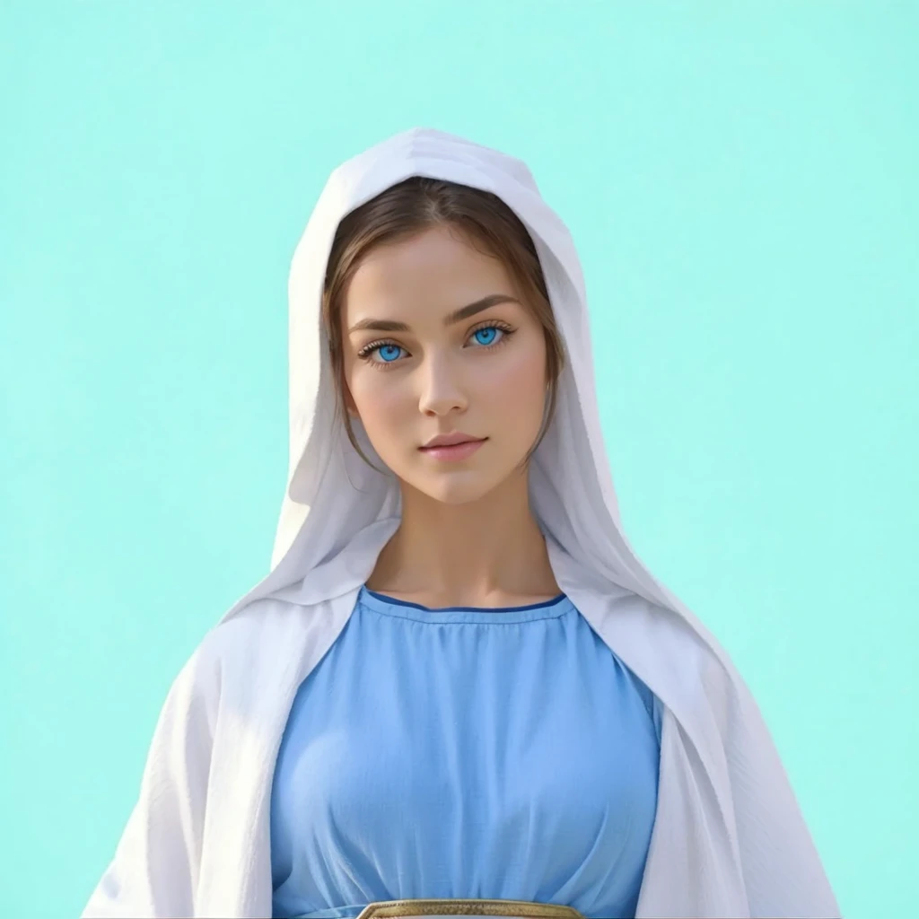 Beautiful woman with light blue eyes, Wears a blue tunic with wide, long sleeves adjusted at the waist by a white sash, wears a white cloak
