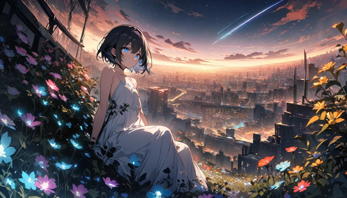 1 girl, solo, blue eyes, (detailed eyes), gentle smile, flat chest, short hair, black hair, full body, ((masterpiece, illustration, best quality))She sits in a field full of flowers on the plateau and look up at the night sky,、The source of light is a star in the night sky、She is seen turning her face to him、Make a mostly picture of the night sky from a short distance behind the two of them and a dystopic, post-apocalyptic city、A shooting star has now flowed into the night sky、The area is dark、In the darknesaster part, neon elements, wearing a white dress